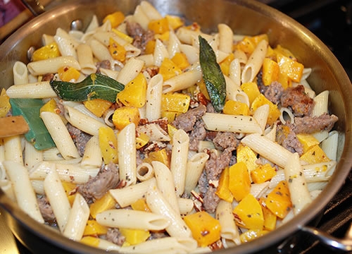 Penne Pasta with Roasted Squash, Sausage and Pecans Recipe Penne Pasta with Roasted Squash, Sausage and Pecans Recipe