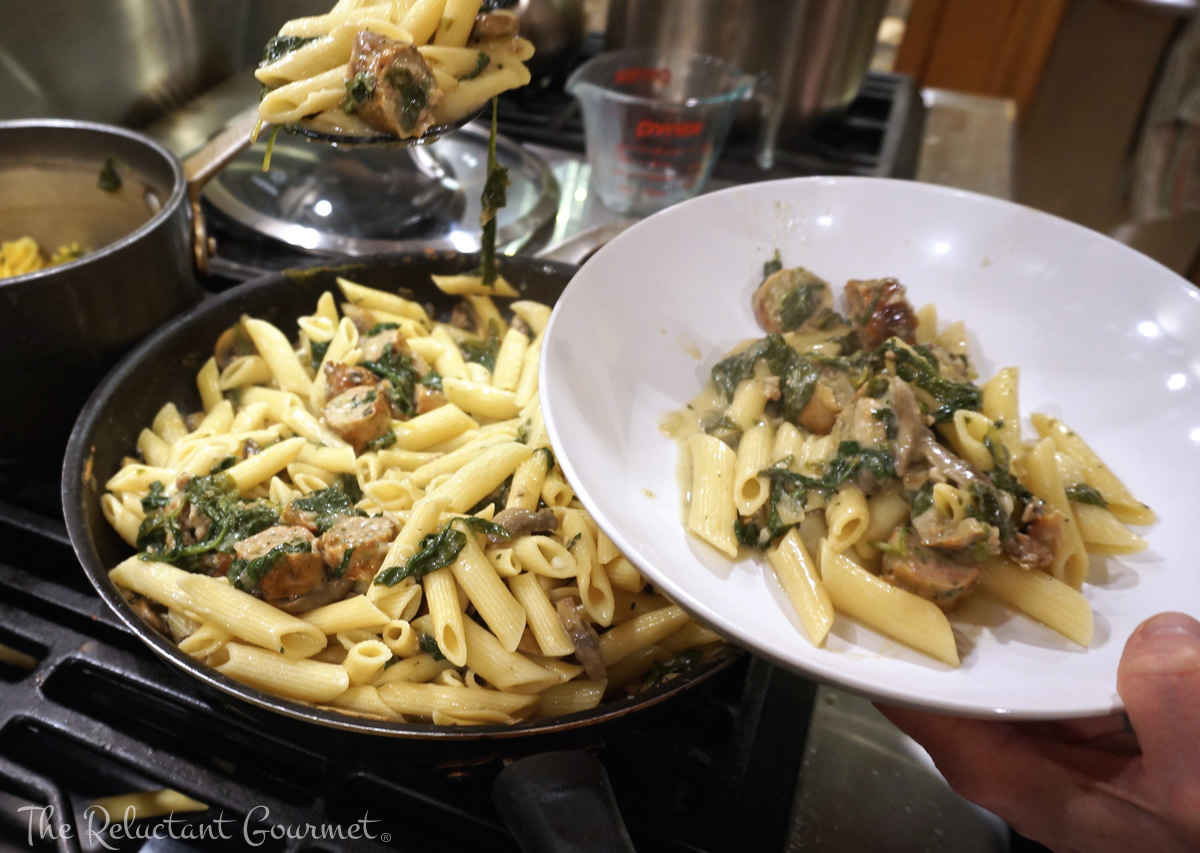 Serve penne with grilled chicken sausage, mushrooms and spinach