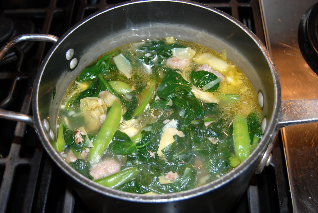 Cooking Sausage Spinach and Artichoke Soup