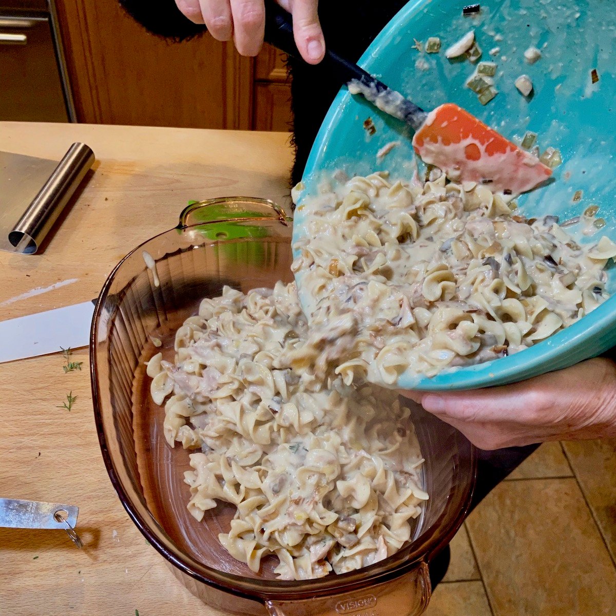 Adding Tuna Casserole to Pan
