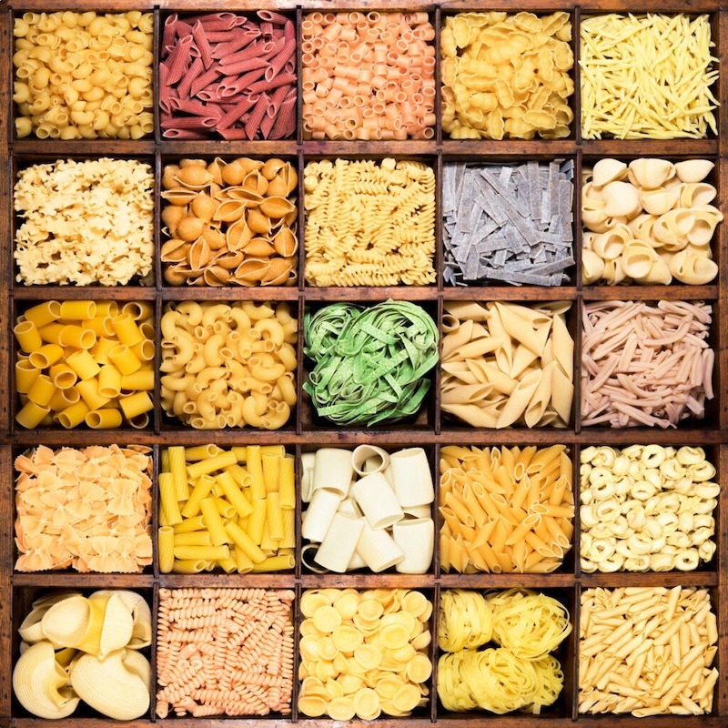 A tray with various types of pasta.