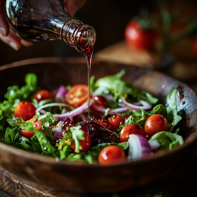 Pouring red wine vinegar on salad
