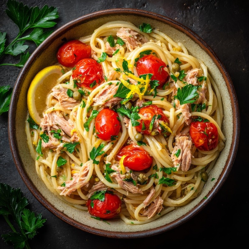 Bowl of Italian Pasta al Tonno, spaghetti coated in olive oil and flaked tuna, cherry tomatoes, capers, fresh parsley.