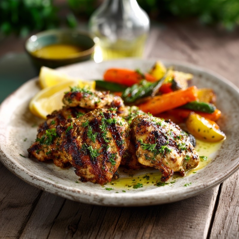 A plate of juicy boneless, skinless grilled chicken thighs